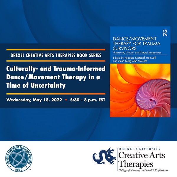 Graphic with a dark background text and a book cover for Dance/movement therapy for trauma survivors: theoretical, clinical, and cultural perspectives